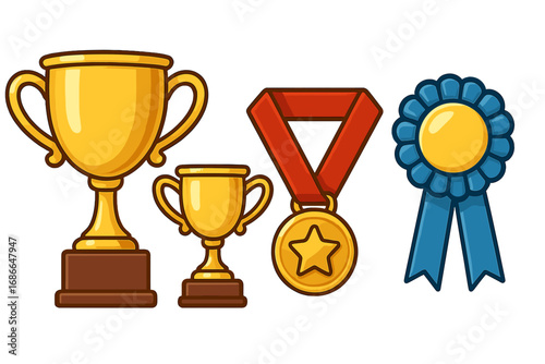 Symbols of Achievement and Success with Gold Trophies, Medals, and Blue Ribbon Awards in Cartoon Vector Illustration, Transparent Background for Competitions and Recognition