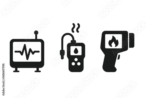 Volcanic monitoring icons solid filled vector set of seismograph gas analyzer thermal camera volcanic eruption detection geothermal tools illustration
