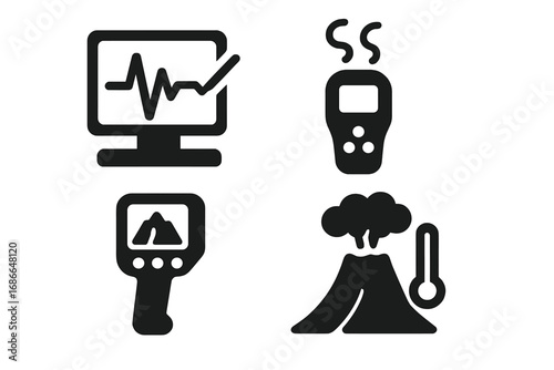 Volcanic Monitoring Icons, Solid Black Filled Vector Set of Volcanic Activity Detection Tools with Seismograph, Gas Analyzer, Thermal Camera, Volcano Eruption, Temperature Sensors