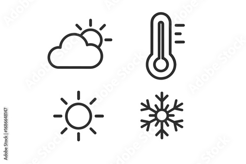 Temperature and weather icon set, climate symbols with thermometer, sun, snowflake, and seasonal elements, linear style vector illustration, transparent background, ordered collection