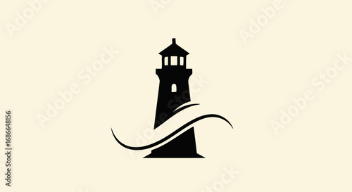 Classic lighthouse silhouette with stylized waves representing the sea.