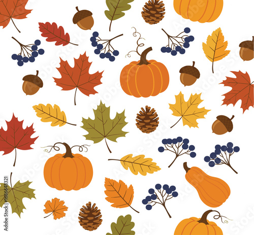 Autumn leaves and pumpkins scattered across a white surface create a festive fall season pattern, evoking a cozy and inviting atmosphere.