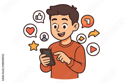 Young man engaging with social media on smartphone surrounded by digital icons representing interaction, content sharing, likes, comments, and social networking. Vector cartoon illustration