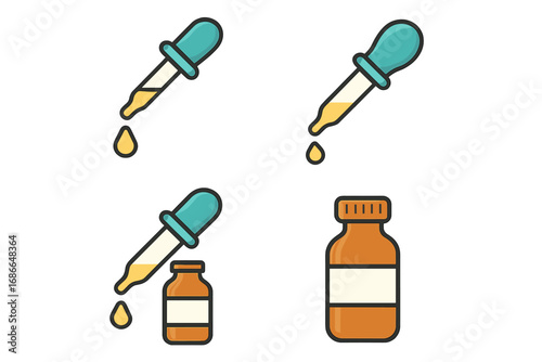 Tincture Icon Set with Pipette and Bottle Collection, Isolated Cartoon Vector Illustrations for Medicine, Drops, Liquid, Pharmacy, Healthcare, and Serum Design Elements