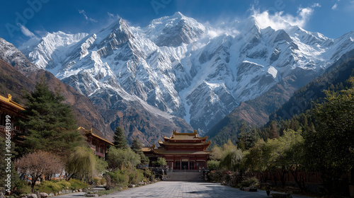 Traditional Chinese Architecture with Snow-Capped Mountains, Red Walls and Golden Tiles, Natural and Cultural Tourist Destination