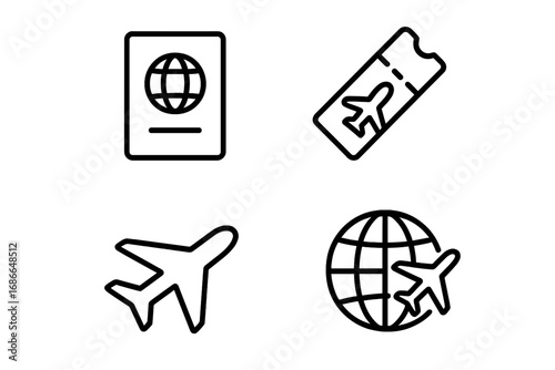 Travel and Tourism Icon Set with Passport, Airplane Ticket, and Flight Outline. Vector Cartoon Illustration for Vacation, Air Travel, and Global Trip Concepts, Transparent Background