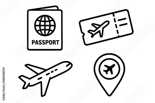 Travel and Tourism Icon Set with Passport, Airplane Ticket, Flight, and Location Pin Outline Vector Cartoon Illustrations, Transparent Background, Transport and Vacation Symbols