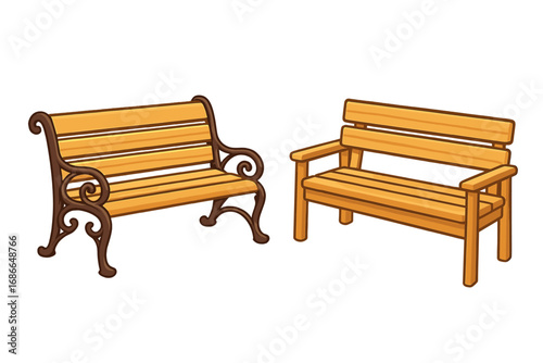 Two garden benches with elegant and simple design, outdoor wooden seating furniture, vintage and modern style vector illustration, park bench icon set, comfortable outdoors relaxation