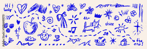 Hand drawn doodle asset pack. Charcoal crayon scribble shape and elements. Kid drawing naive vector collection