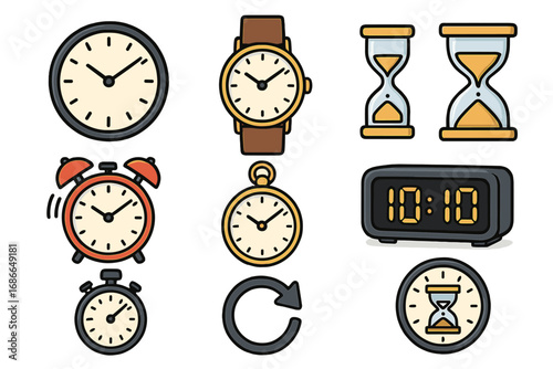 Various Clock and Time-Related Icons Set, Including Wall Clock, Wristwatch, Pocket Watch, Alarm Clock, Stopwatch, Hourglass, and Digital Timer, Vector Cartoon Illustration, Transparent Background