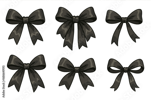 Various black ribbon bows for gift wrapping and decoration, elegant and versatile bow designs for festive occasions, celebrations, anniversaries, and fashion accessories, vector cartoon illustration