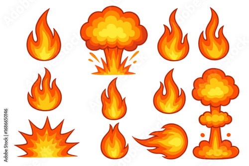 Various vibrant flame and explosion illustrations with distinct shapes, fiery fire icons and explosive cartoon vector set on transparent background for dynamic design