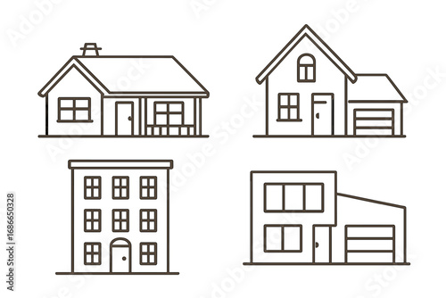 Various styles of residential buildings in simple outline vector illustration, architectural design concepts, cartoon-style houses including modern, traditional, and urban apartments in clean line art