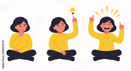 Concept of a great idea, brainstorming. woman thinking and looking for answer, hand gesture, index finger up. Solution of the problem, right decision, Eureka. 2d character animation