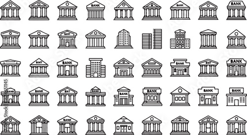 Collection of line art bank and government building icons representing finance and civic institutions vector