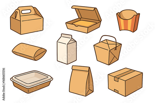 Various types of packaging boxes for food, beverages, and retail products, including takeout containers, cartons, bags, and boxes, vector cartoon illustration, clean background, ordering set