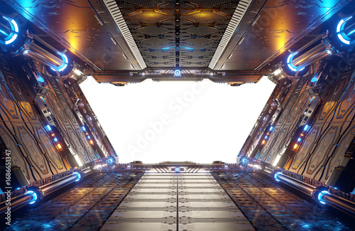 Fototapeta Naklejka Na Ścianę i Meble -  Metallic spaceship interior with isolated cut out transparent window. Glossy starship corridor with blue and orange glowing lights. 3D rendering