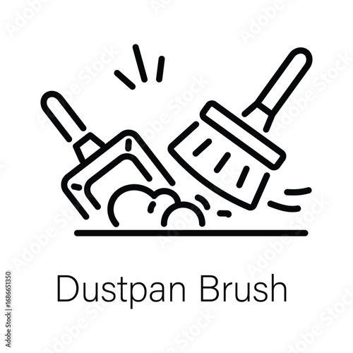 Line art depicts a dustpan and brush removing debris. Editable stroke. Vector illustration