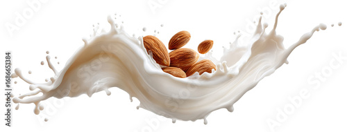 Almond nuts splashing in creamy milk wave, isolated on transparent cutout background