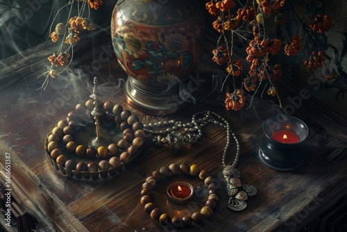 Contemplative and symbolic composition featuring religious artifacts, the symbolism and significance associated with each item, such as prayer, incense, or ritualistic objects
