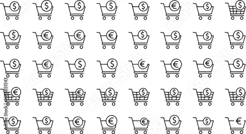 Seamless shopping cart icons with currency symbols representing online retail and e-commerce transactions vector