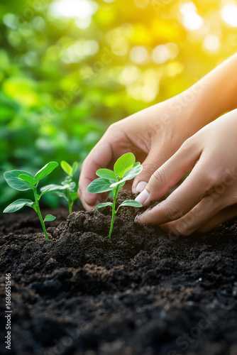 A close-up view of hands digging in the soil to plant young saplings