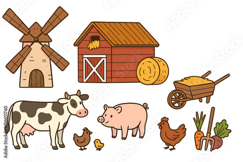 Windmill and barnyard rural farm life with livestock, chickens, pig, cow, hay, wheelbarrow, vegetables, agricultural tools, cartoon vector illustration transparent background set