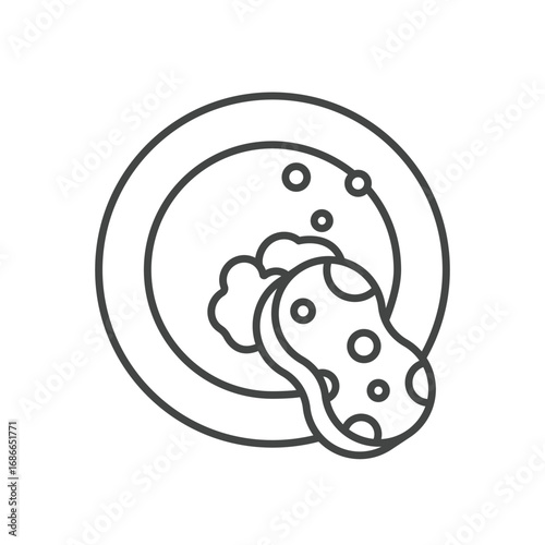 Outline of a dish and sponge bubbles and suds indicate dishwashing. Editable stroke. Vector illustration
