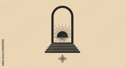 An arched doorway with steps leading to a stylized sunrise over water, set against a plain background.