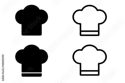 Chef hat icon set. Cook headwear and toque symbol collection for culinary and kitchen use. Vector graphic logo for restaurant, baker, or cooking school. Solid and outline styles.