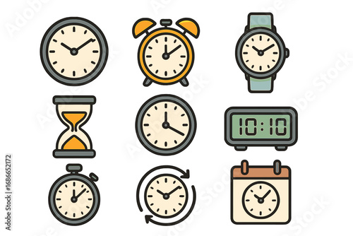 Various Clock and Time Icons Set, Different Timekeeping Devices and Styles, Analog and Digital Watches, Alarm Clocks, Stopwatch, Hourglass, Calendar Clock Vector Illustration