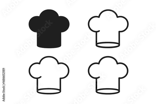 Chef hat icon set vector collection. Cook signs for kitchen, restaurant, and bakery. Culinary symbol for gourmet food and professional cooking. Toque line, outline, and solid glyph.