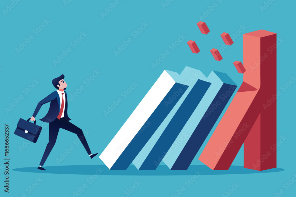 Fototapeta premium A businessman in a suit strides forward, his foot about to knock over a domino effect of bar graphs.