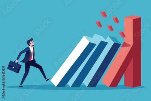 A businessman in a suit strides forward, his foot about to knock over a domino effect of bar graphs.