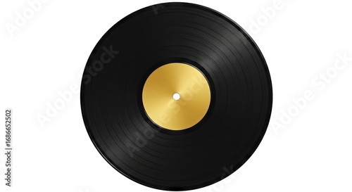 A black vinyl record with a shiny gold center label is isolated on a white background