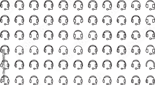 Array of numerous headsets with microphones displayed in a grid pattern representing communication vector