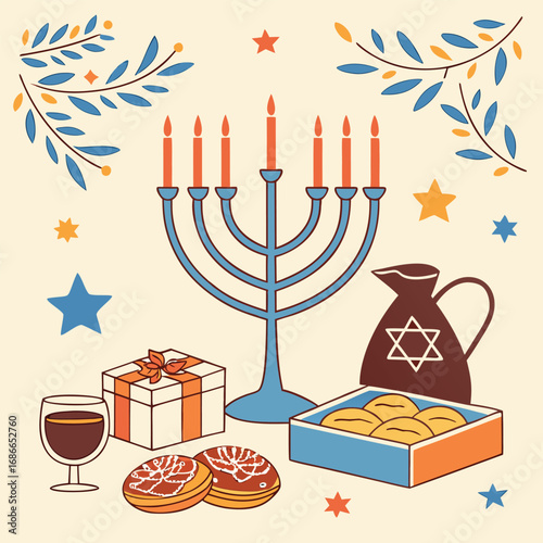 Hanukkah Celebration with Menorah, Gifts, and Traditional Food