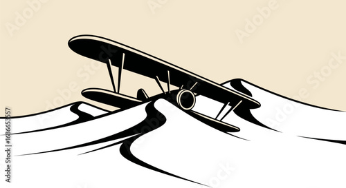 Vintage biplane crash landing in desert dunes illustration.