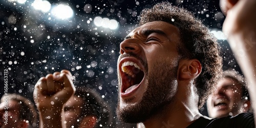 A jubilant crowd celebrates passionately, with a focus on a man shouting in excitement amidst a shower of confetti and dynamic lighting.