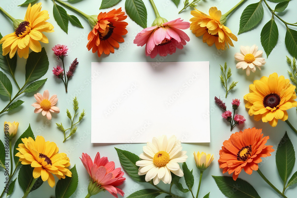 Fototapeta premium Creative layout made of flowers and leaves with paper card note. Flat lay. Nature concept. 3d rendering.
