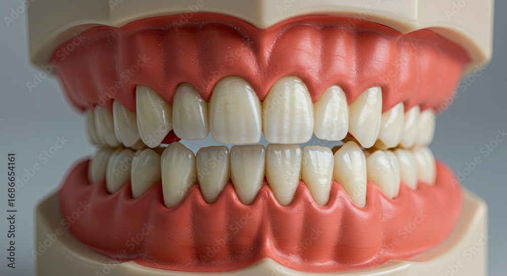 Obraz premium A dental model exhibits a set of teeth embedded in pink gums displaying central incisors lateral incisors canines and premolars