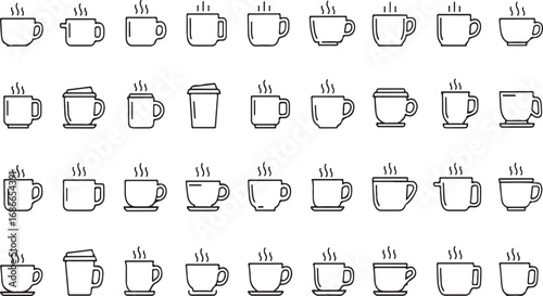 Collection of various coffee cup icons with steam representing hot beverages and refreshments vector