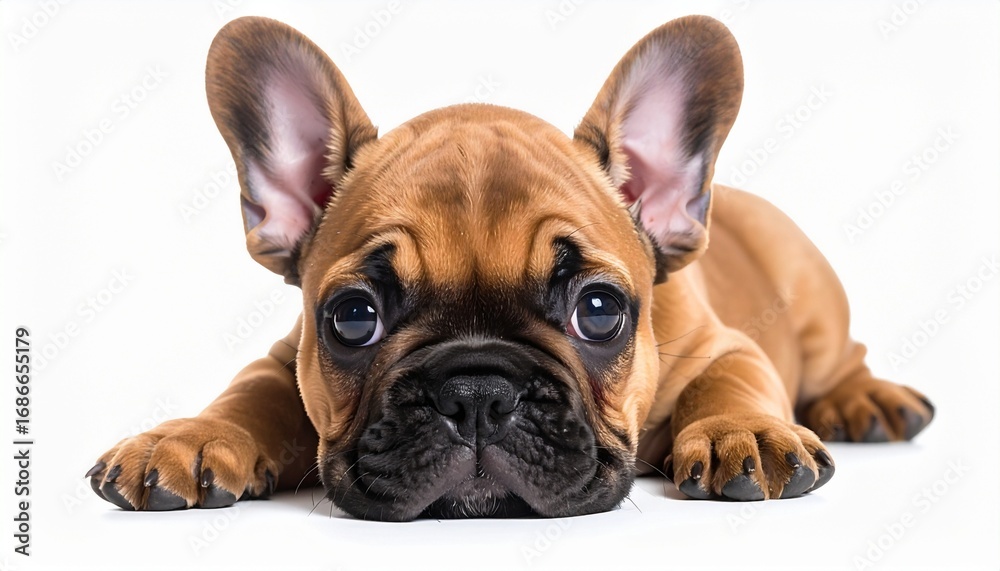 Obraz premium The innocent and soulful gaze of an adorable brown bulldog puppy resting peacefully on a clean white background