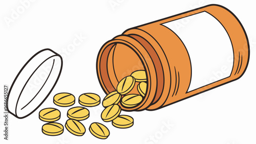 Illustration of an open prescription bottle with yellow pills spilling out