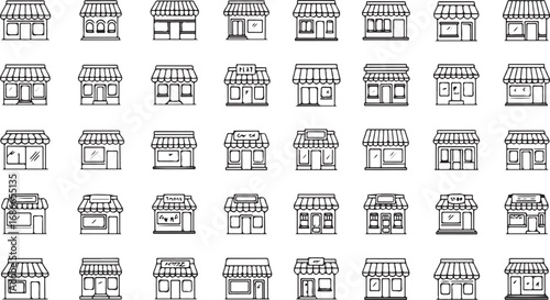 Collection of diverse shop storefront icons representing small businesses retail outlets vector