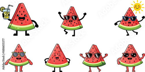 Cute cartoon watermelon characters, funny fruit illustration, kawaii watermelon slice with sunglasses, adorable summer fruit design, happy watermelon vector drawing