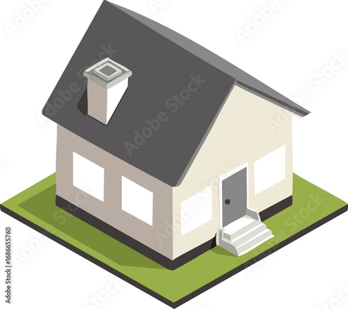 斜め俯瞰から見た家・建物（灰色）
Diagonal overhead view of a house/building (grey)
