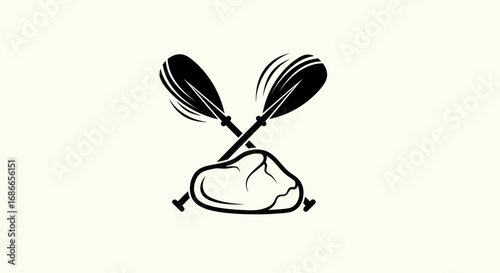 Crossed paddles resting on a rock symbol for adventure and water sports.