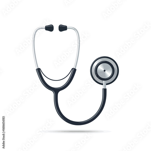 Realistic illustration of a classic medical stethoscope with a black tube and silver chest piece on a white background.
