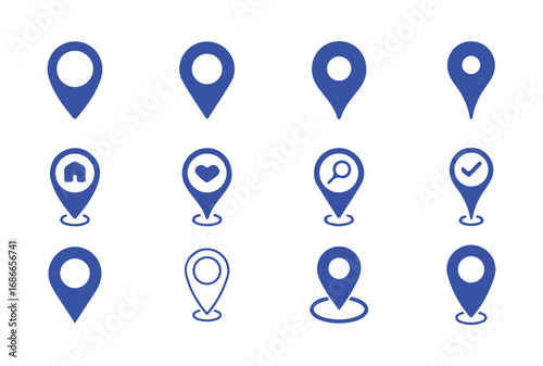 Set of Modern Vector Map Pin Icons in Blue and Outline Styles for Navigation and Mapping Projects
